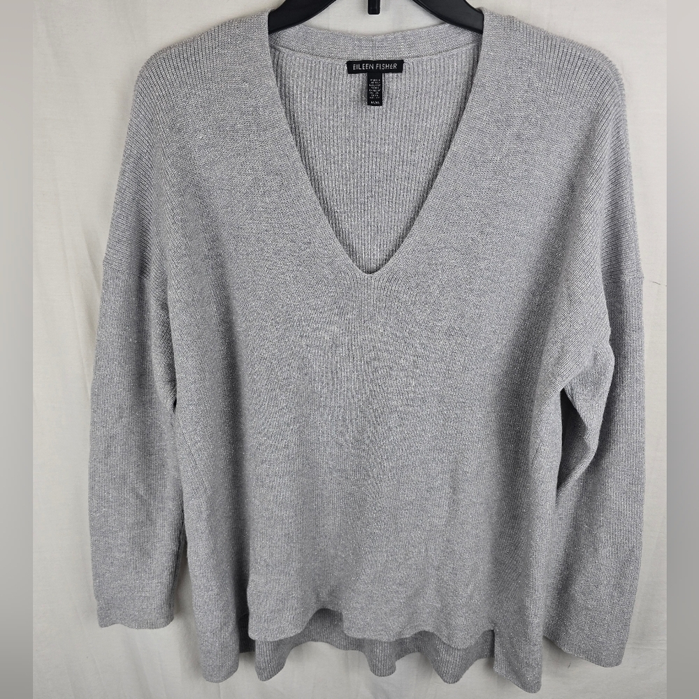 Eileen Fisher Gray Metallic V-Neck Merino Wool Blend Long Sleeve Sweater Sz M